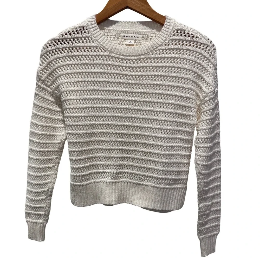 Aeropostale Cream Crochet Knit Sweater XS Cropped Pullover Long Sleeve Women - Picture 2 of 10